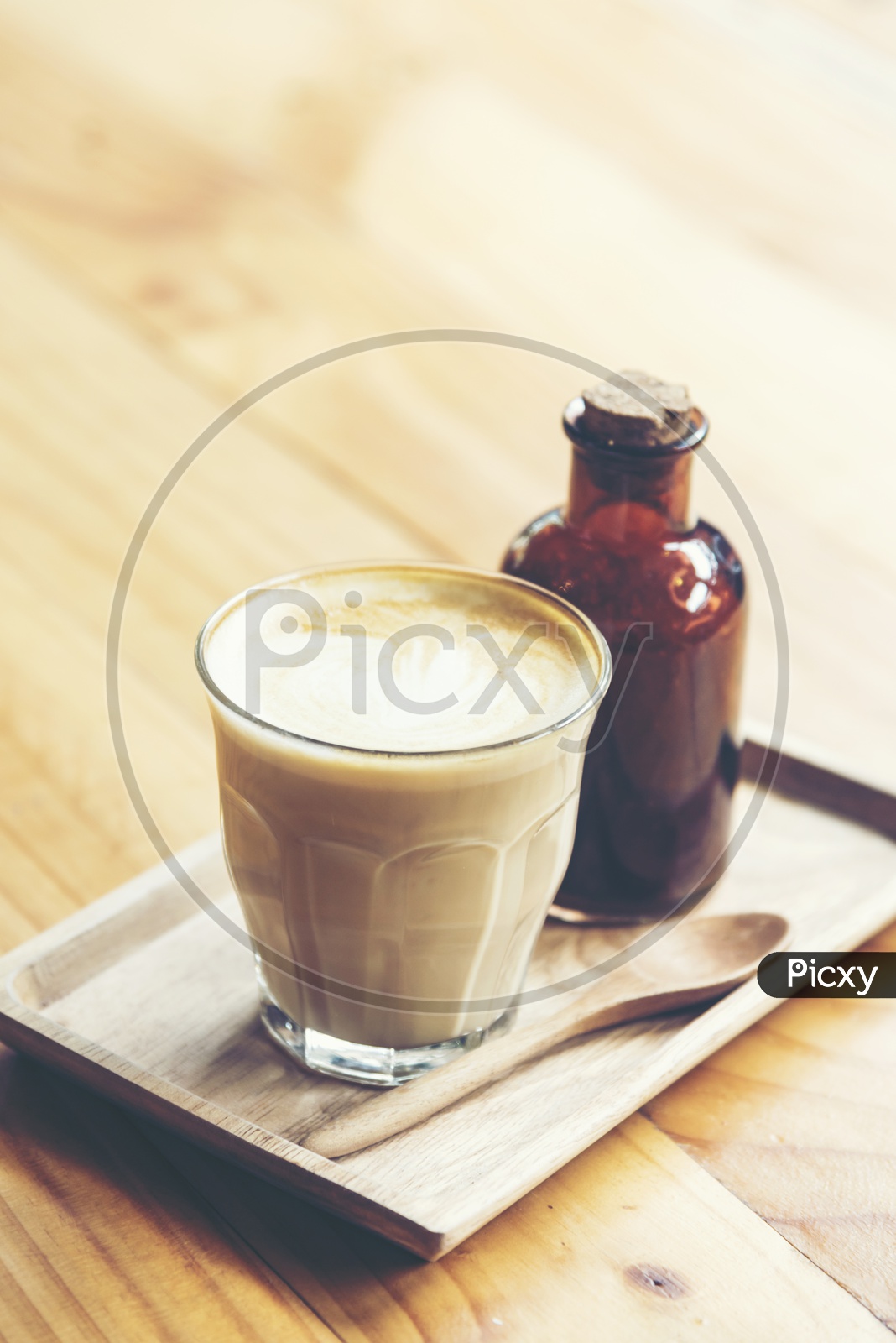 Coffee latte set on wooden table