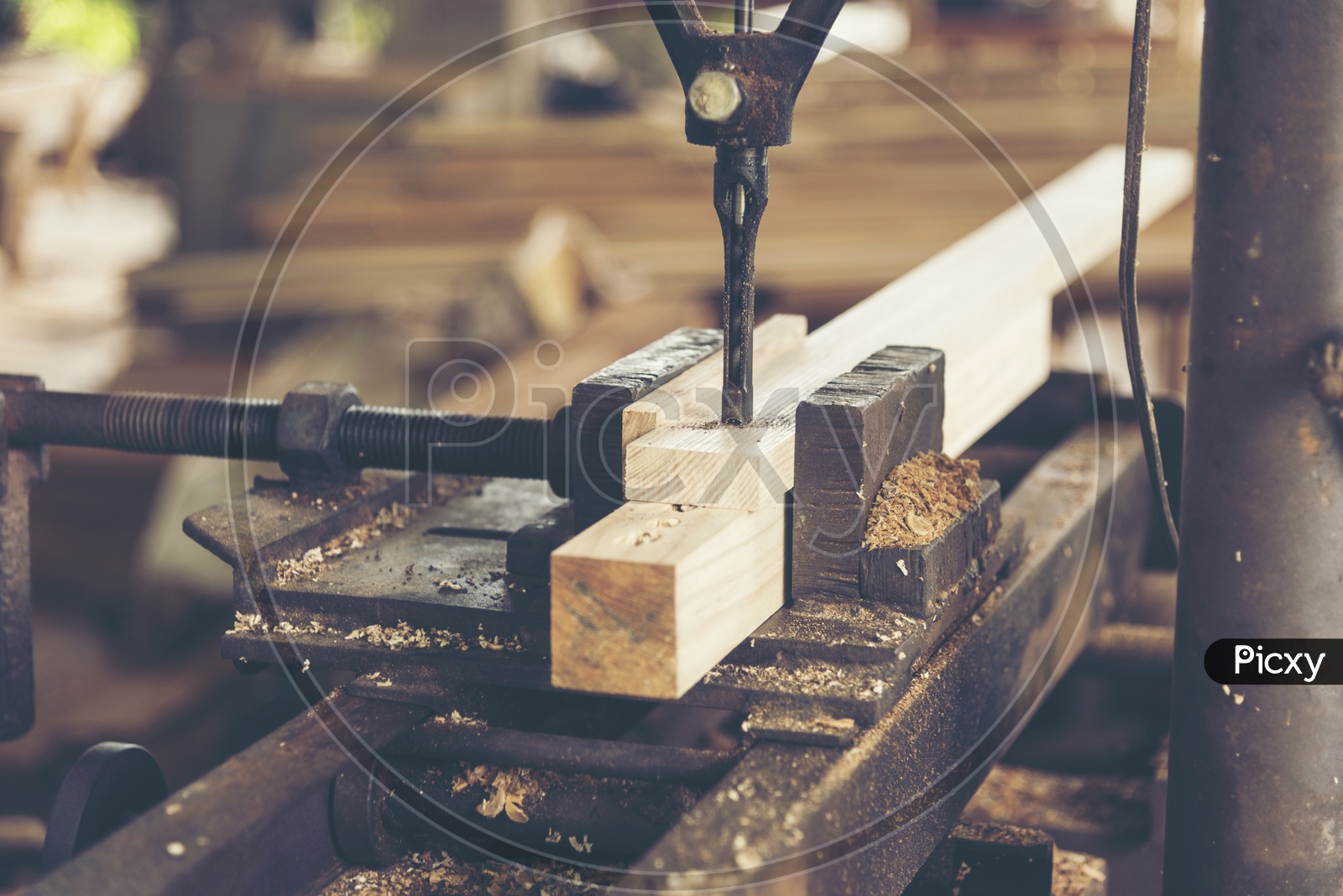 Machine Cutting Of a Wood Log In a Workshop Closeup