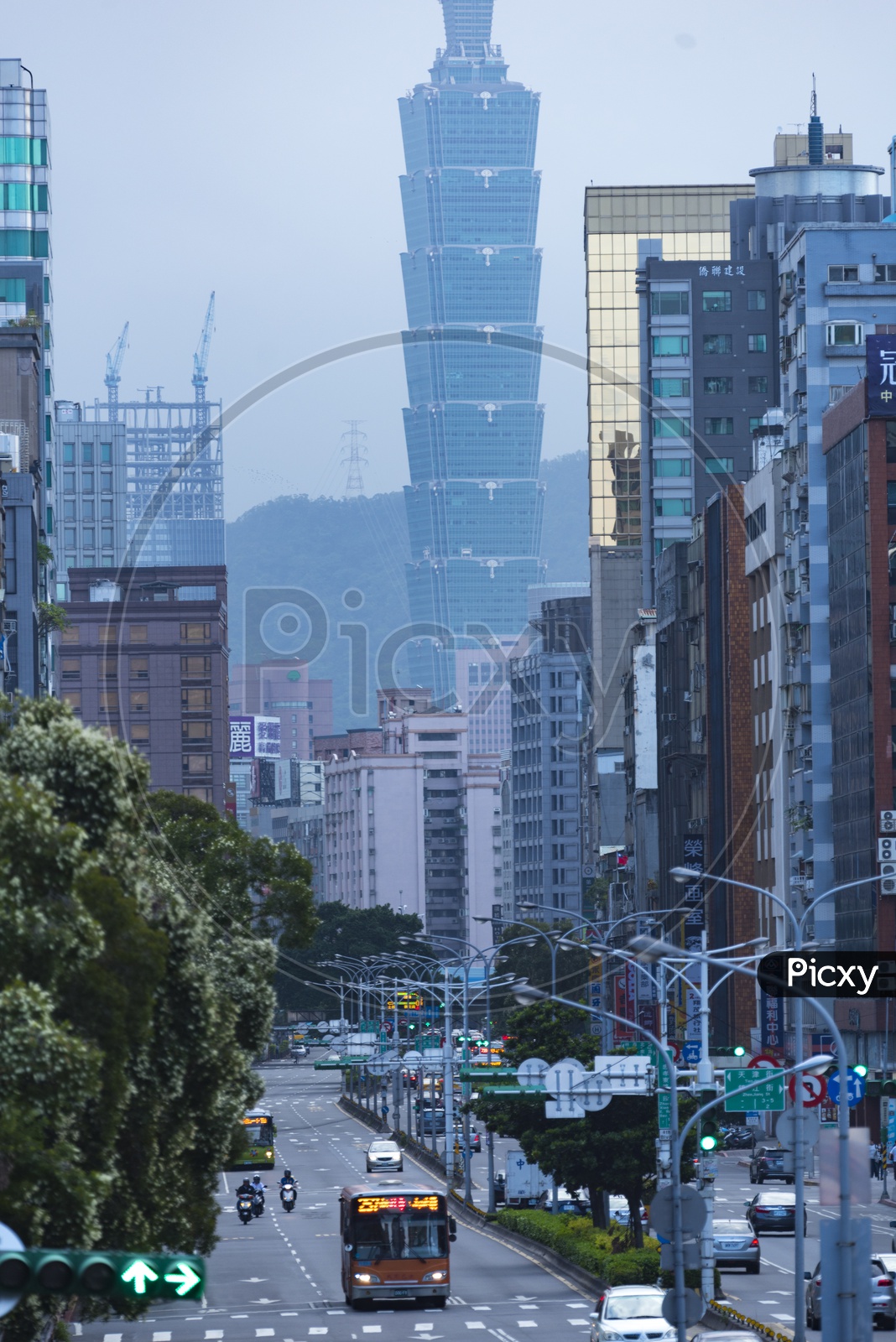Taipei City With Morning Glory With Roads And commuting Vehicles