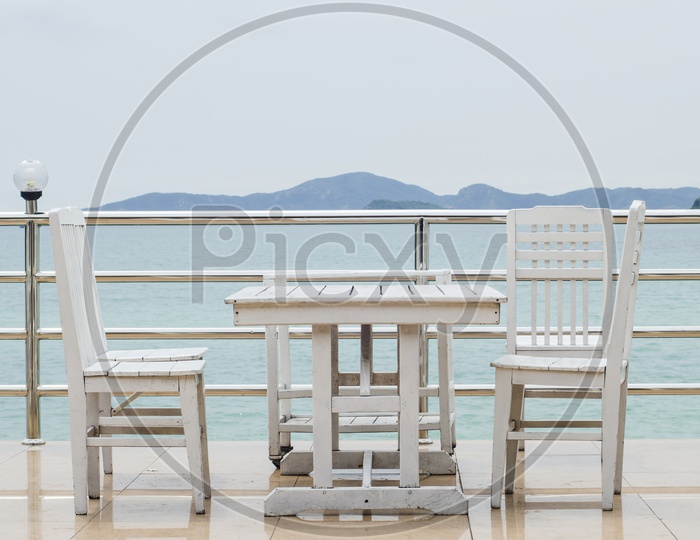 Table in a restaurant by the sea