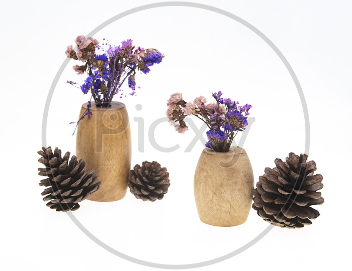 Dried vintage flowers in wooden vases and pine cones on white ground.