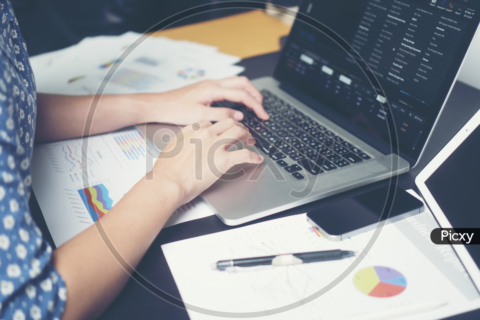 Business Woman Working With Laptop  On Office Desk Hand Closeup