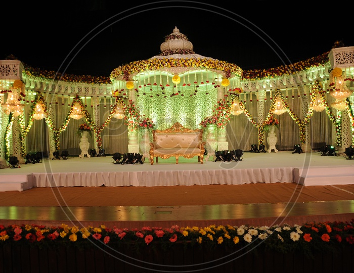 Indian Wedding Stage with Maharaja Chair and Night Lights