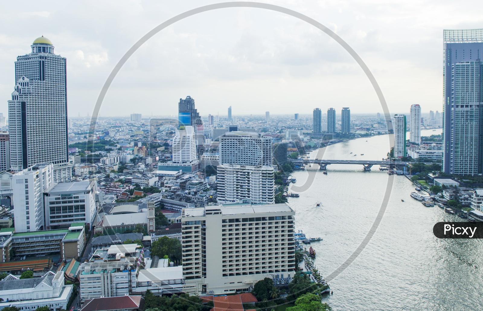 Bangkok Cityscape With Chao Phraya River And High Rise building  Top View