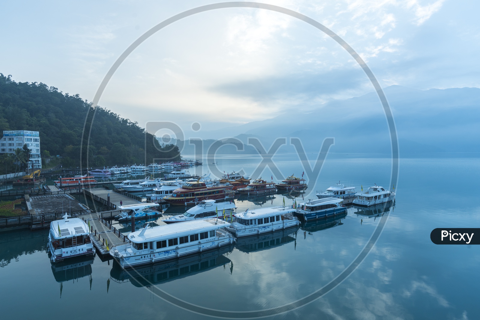 Shuishe Pier With Yacht Boats or Tourists Boats In Sun moon Lake A Famous Tourist Spot In Nantou County , Taiwan