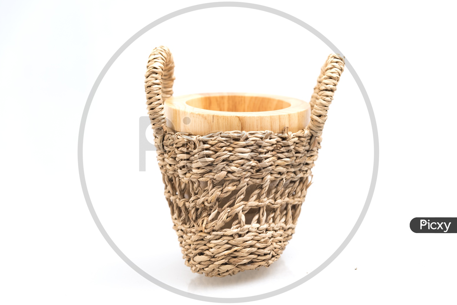 Wooden Carved Container in a Weaved Bag