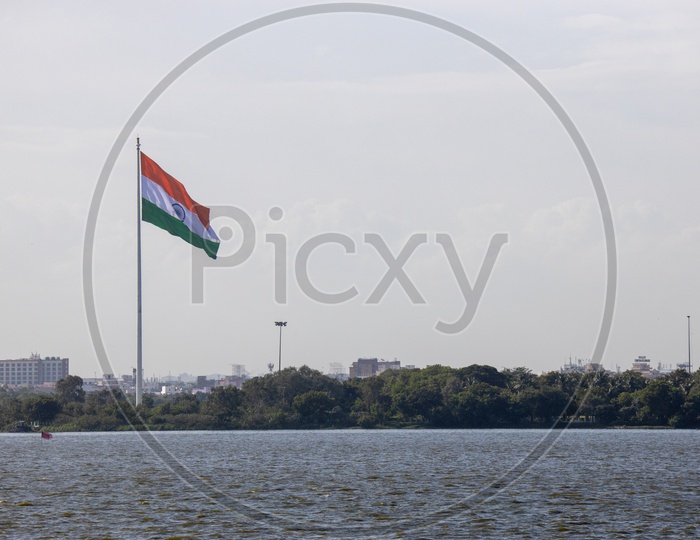 Indian National Flag Pole Near Hussain Sagar Lake At Tankbund