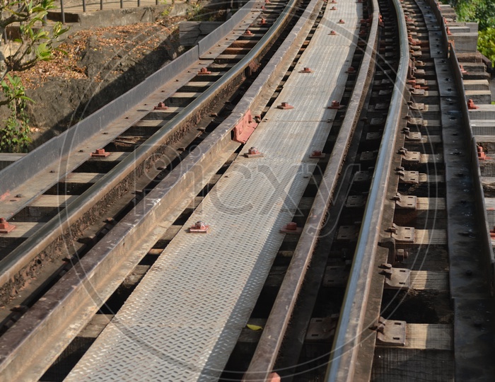 Horizontal closeup of railway lines or tracks