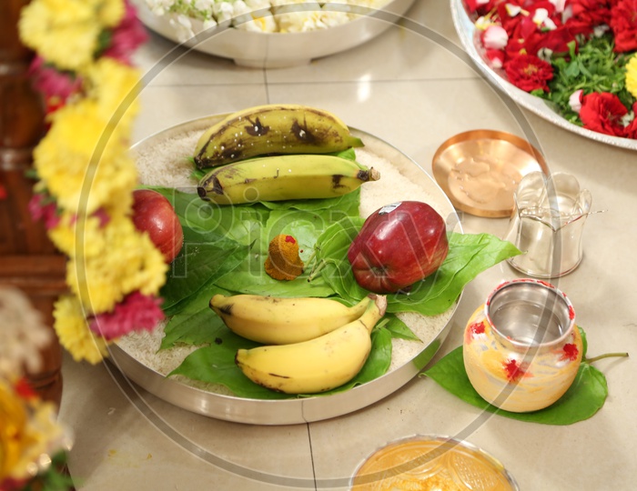 Fruits served in a plate. Satyanarayana vratham.