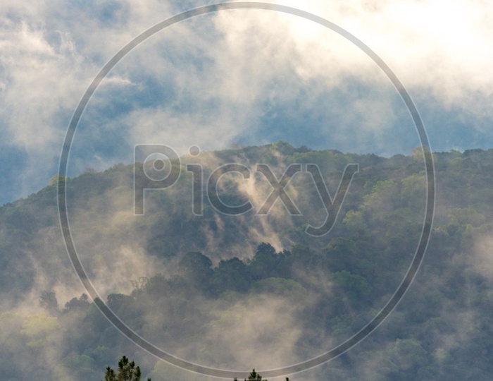 Portrait of Mountains, Trees, clouds during sunset. Beautiful natural landscape.
