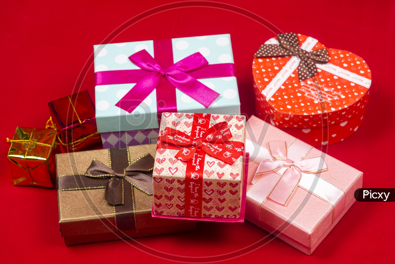 Collection Of Gifts  Closeup on Red Background For Valentines Day