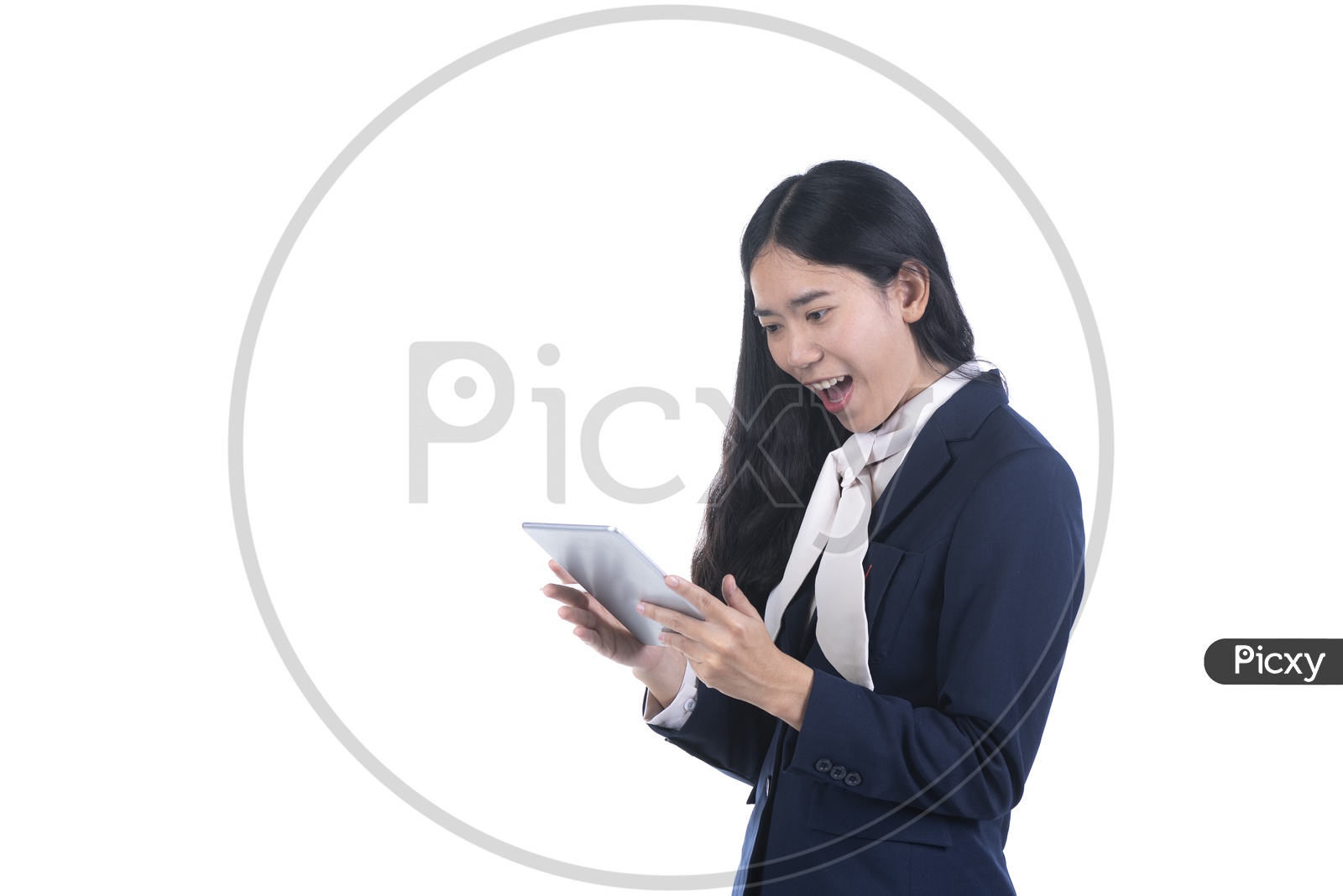 Young business Woman  using tablet for working online business With a Surprised Expression