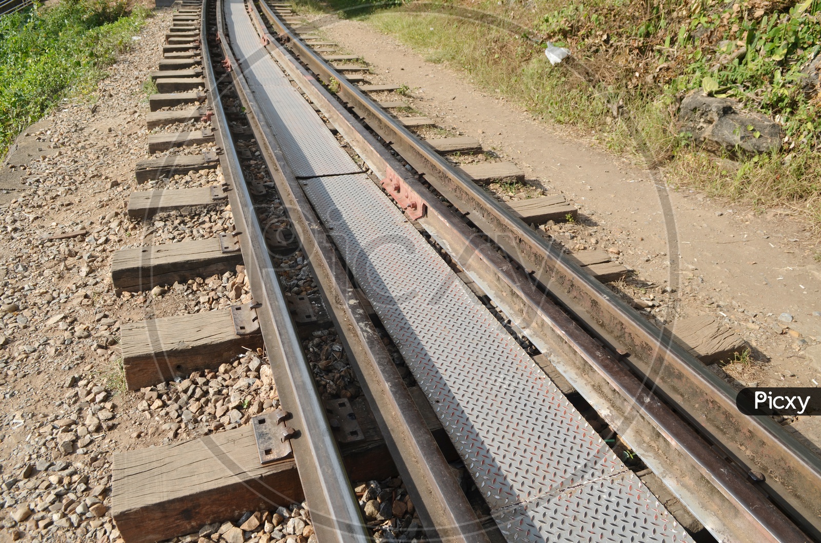Closeup of railway track lines in day time