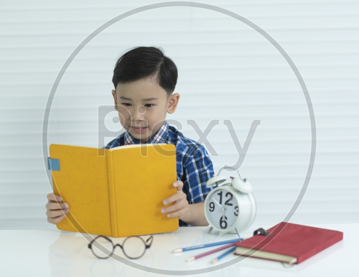 Portrait of a boy reading a school book