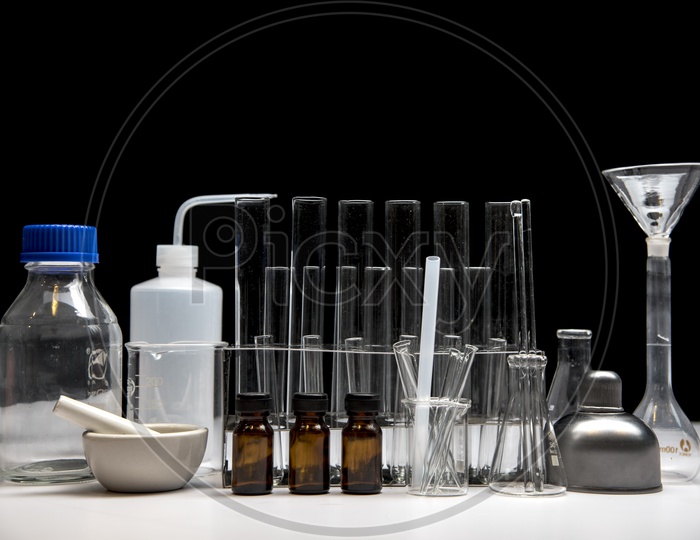 Test tubes, Funnel, jars and other laboratory equipment