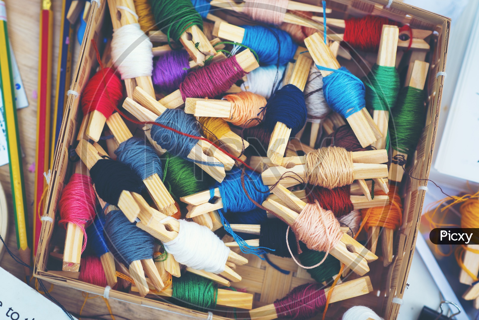 Close up of colorful spool of embroidery threads