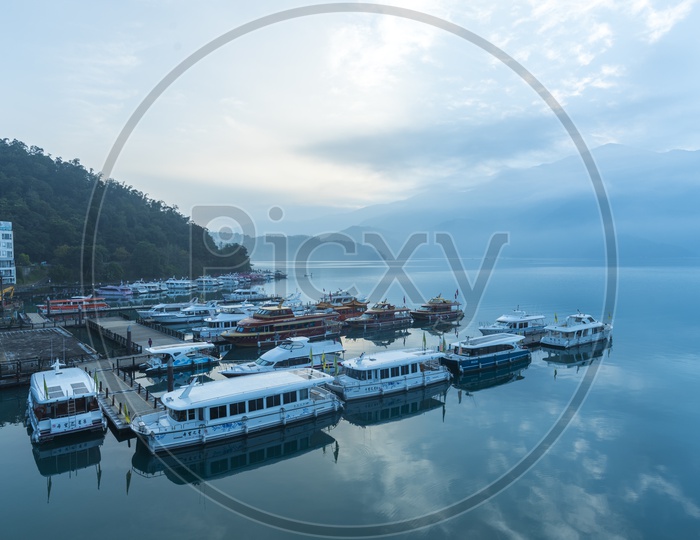 Shuishe Pier With Yacht Boats or Tourists Boats In Sun moon Lake A Famous Tourist Spot In Nantou County , Taiwan