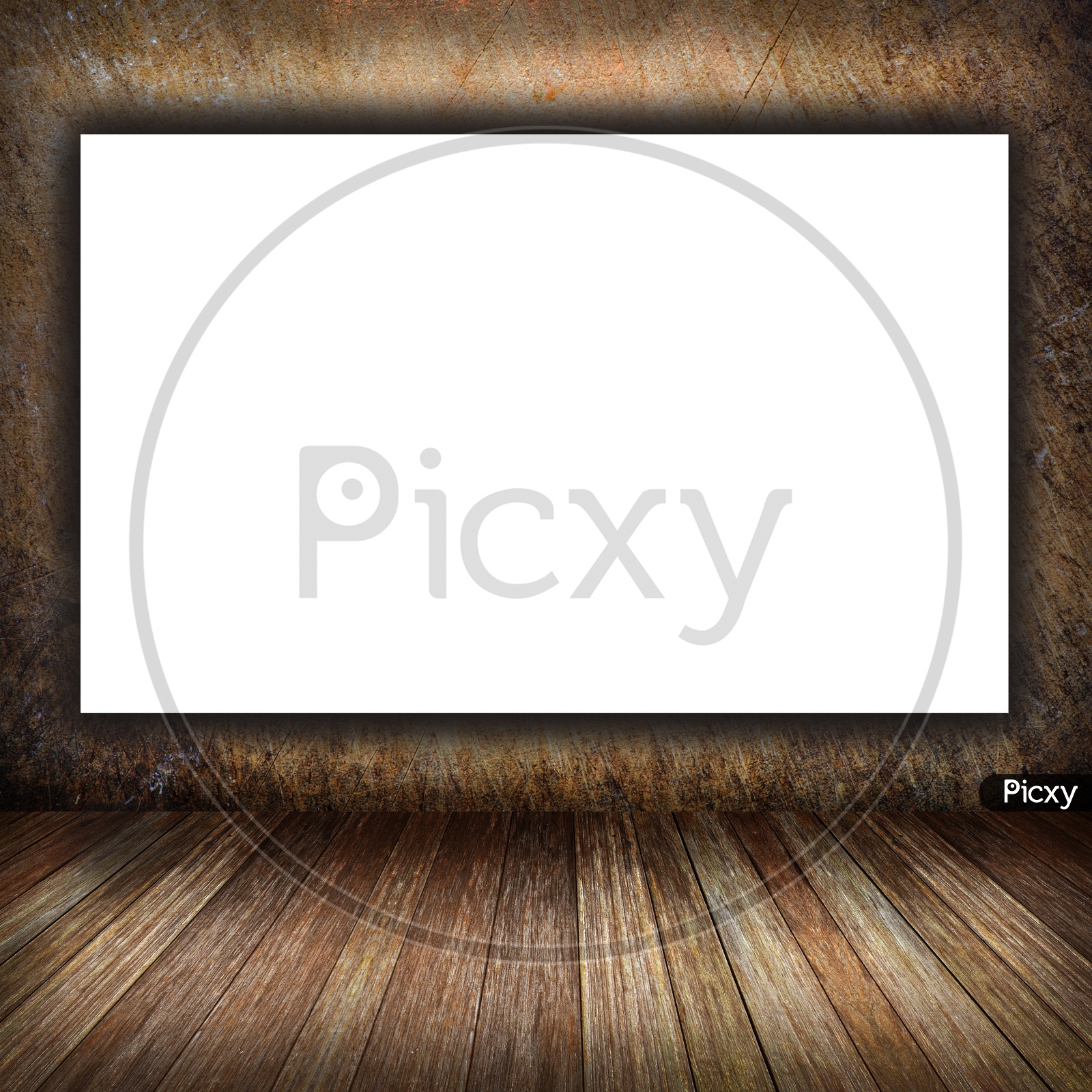White Blank Placard Background with Stone wall and Wood Floor