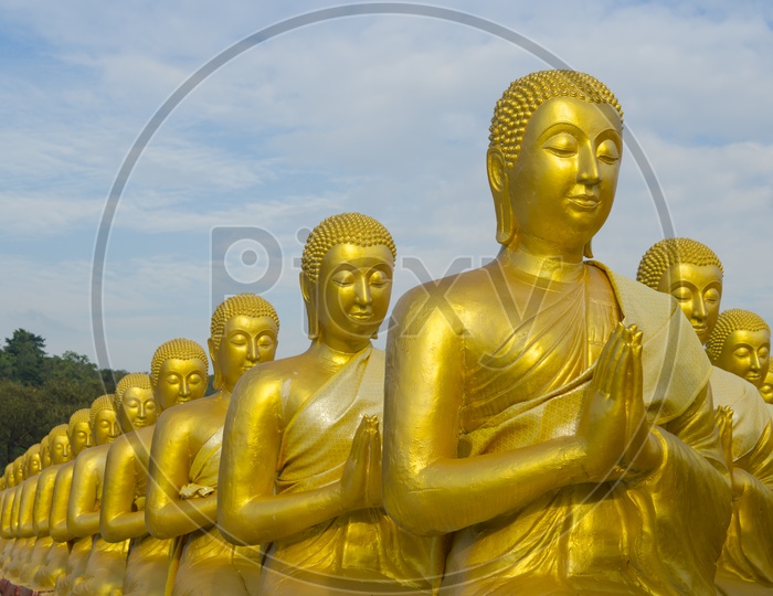 Golden Ancient buddha Statues at Nakhon Nayok, Thailand