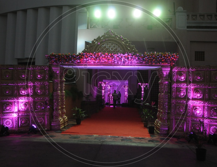 Entrance of a wedding place with lights