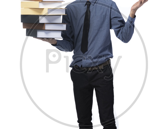 portrait of a professional man carrying heavy folders of book  With Expression On an isolated White Background