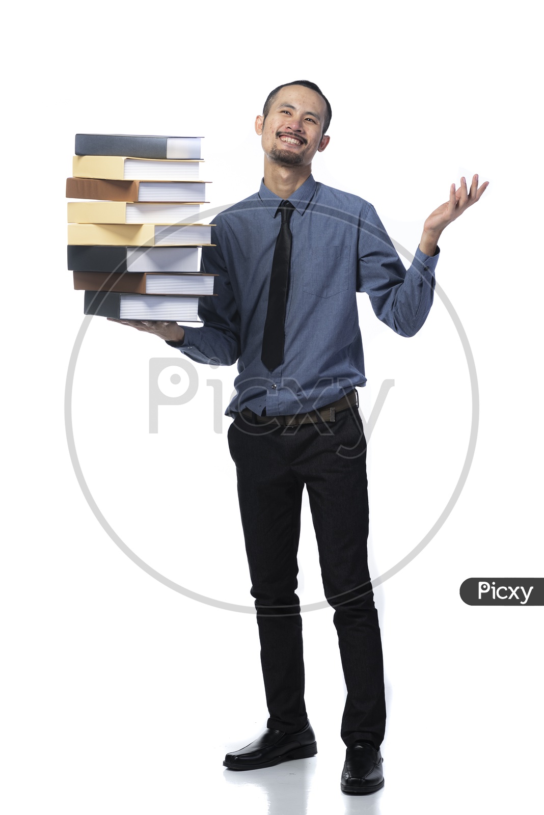 portrait of a professional man carrying heavy folders of book  With Expression On an isolated White Background