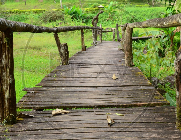 An Old Wooden Bridge With Green Decaying Algae