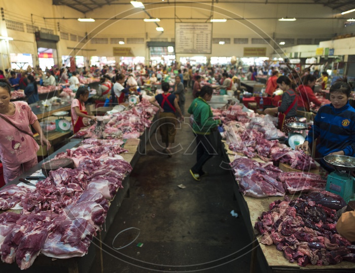 Pakse Meat Market With Vendor Stalls