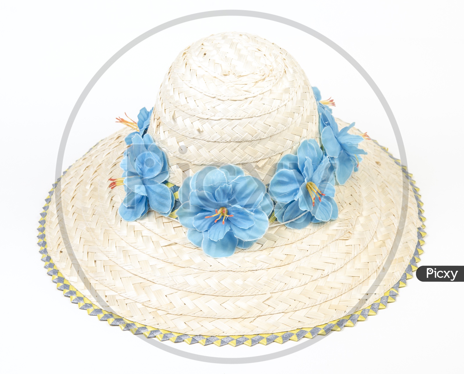 straw summer hat with colorful  flowers on Isolated Background