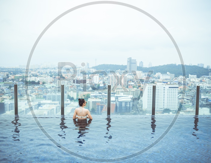 Swimming pool on roof top with beautiful city view Pattaya