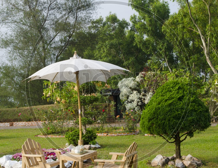 English garden in summer With Dining table and Chairs