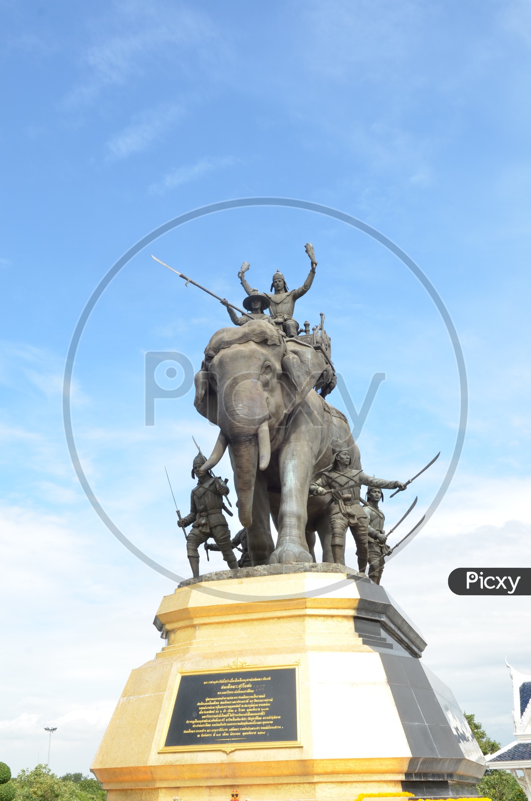 The elephant statue in the blue sky,Monument of King Naresuan at Suphanburi province in Thailand