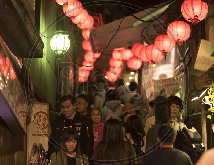 Busy Streets of Jiufen Night Street Market With Tourists