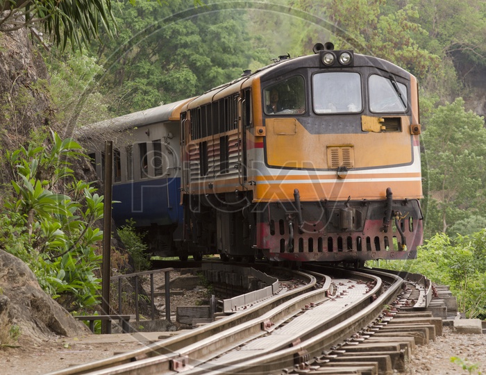 Moving train at death railway, Kanchanaburi, Thailand