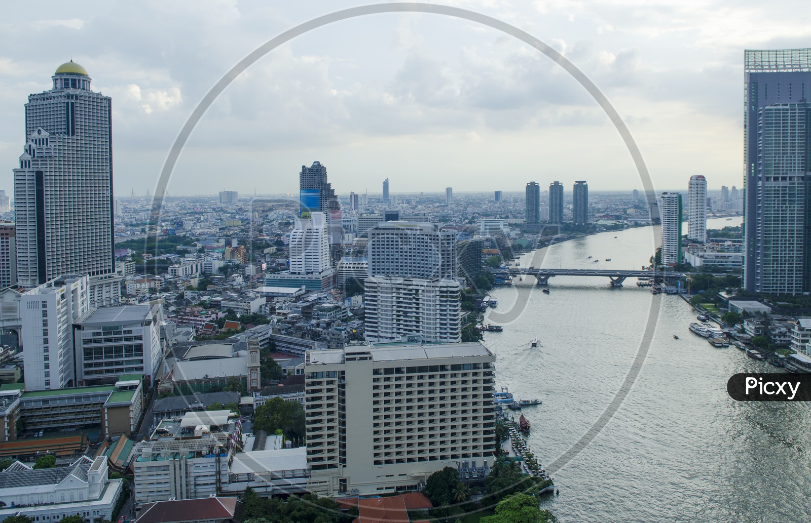 Top View Bangkok Cityscape With Chao Phraya River And High Rise building