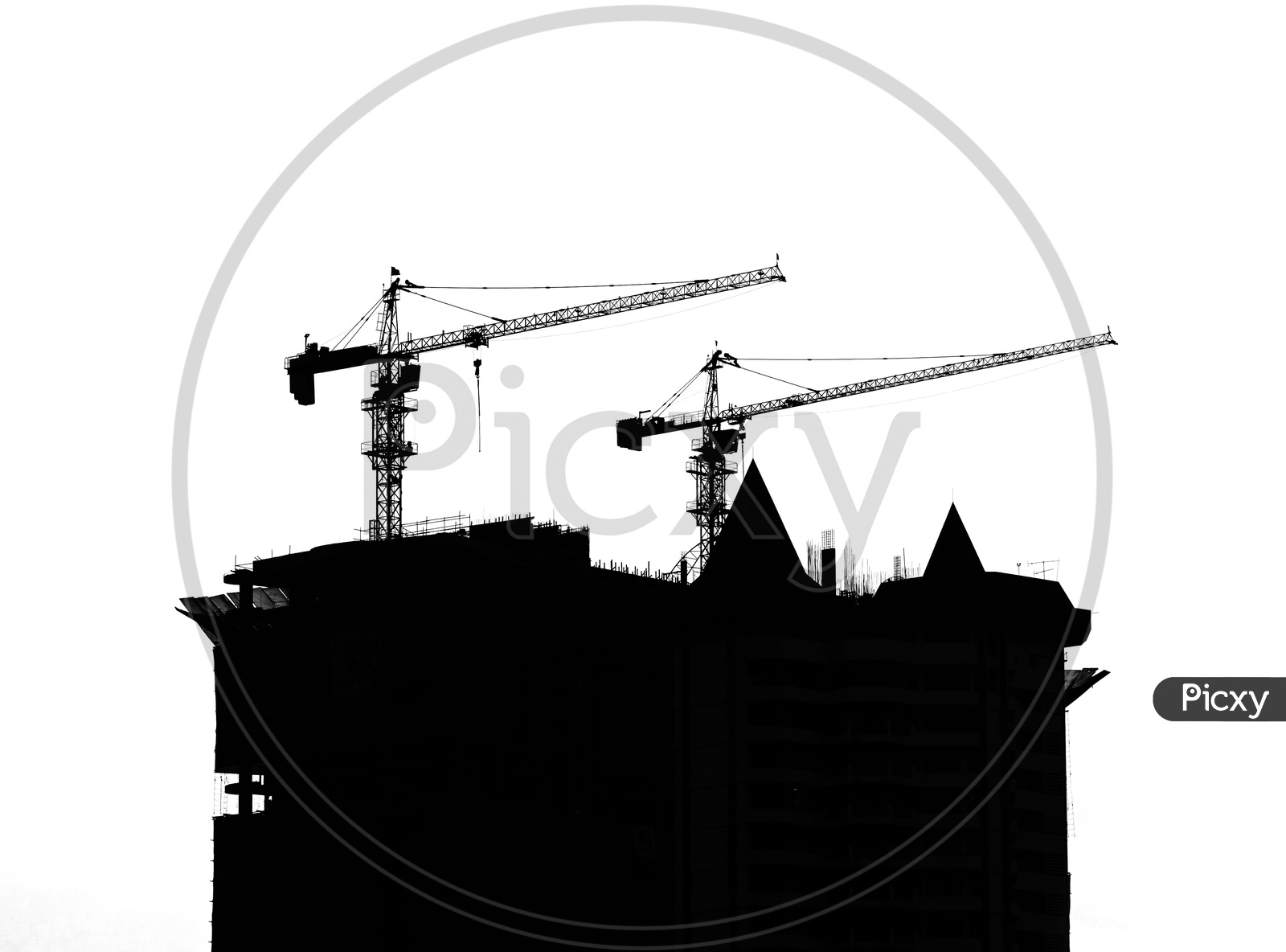 Silhouette Of High Rise under Construction  Building  With Heavy Cranes