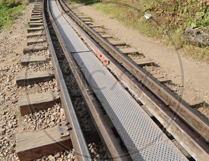 Closeup of railway track lines in day time