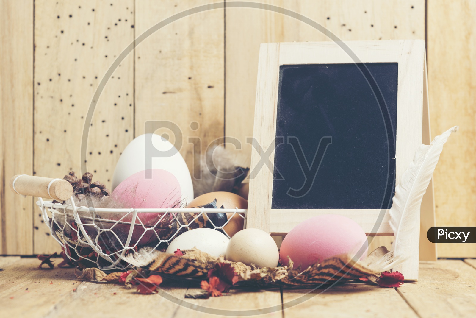 Cute creative photo with easter eggs, Ester background with colorful easter eggs, vintage filter image