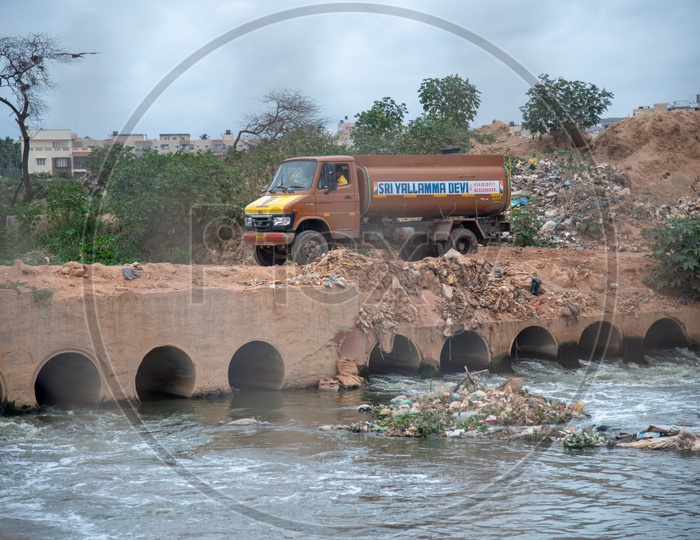 Truck Moving on Water Bridge At Tubarahalli in Bangalore