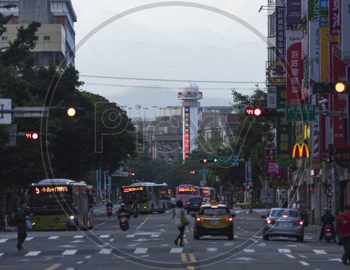 City Roads of Taipei With Buses And Vehicles