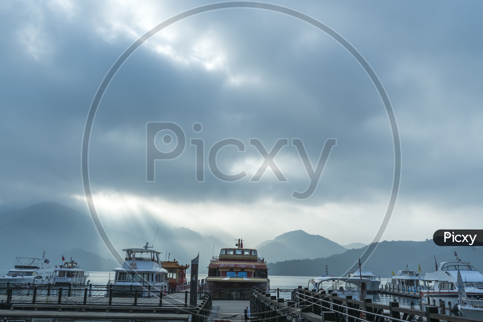 Pier At Sun Moon Lake With Tourists Boats or Yacht Boats A famous Tourist Attraction In Taiwan