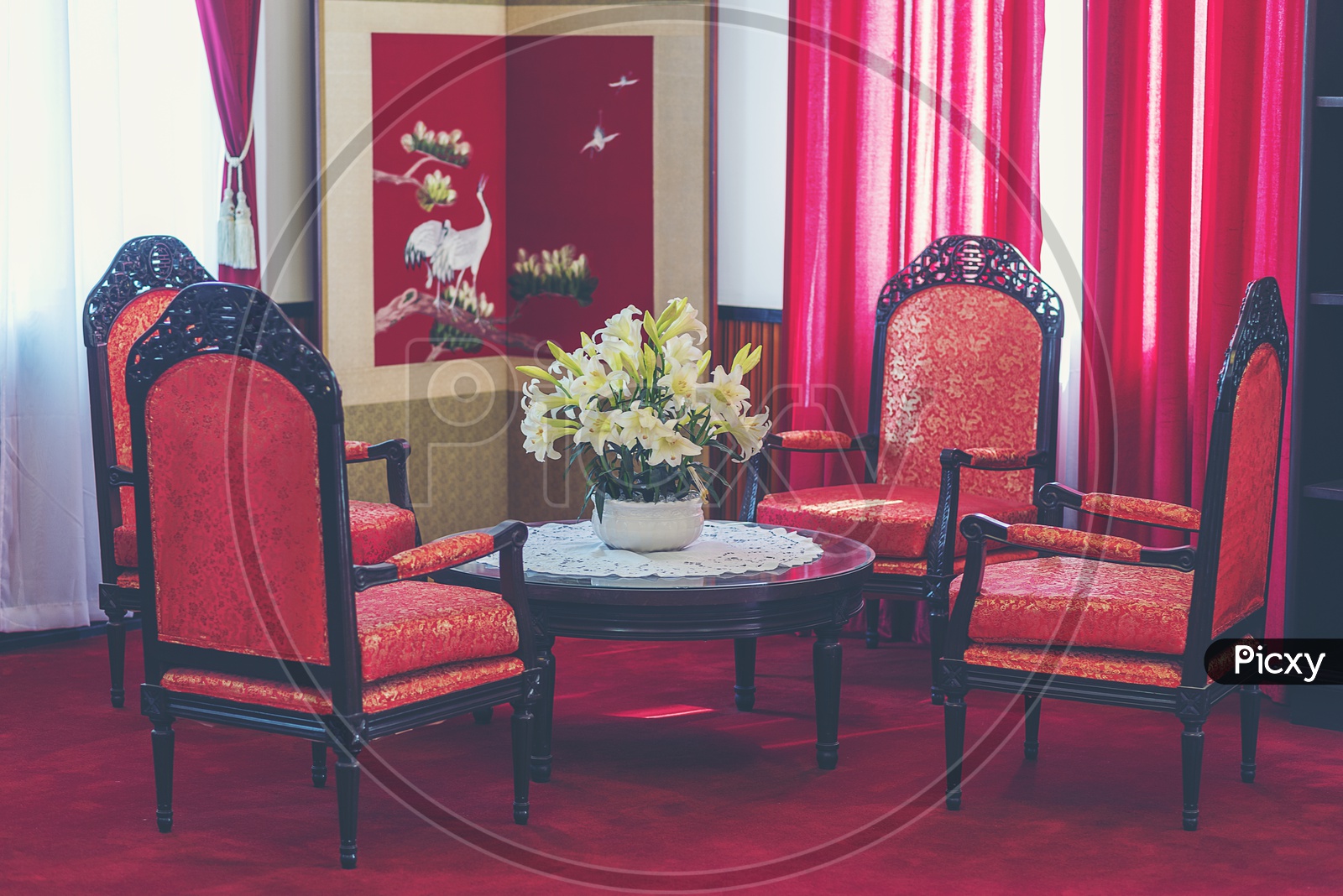Old luxurious table and chairs Set With Red Vintage Theme