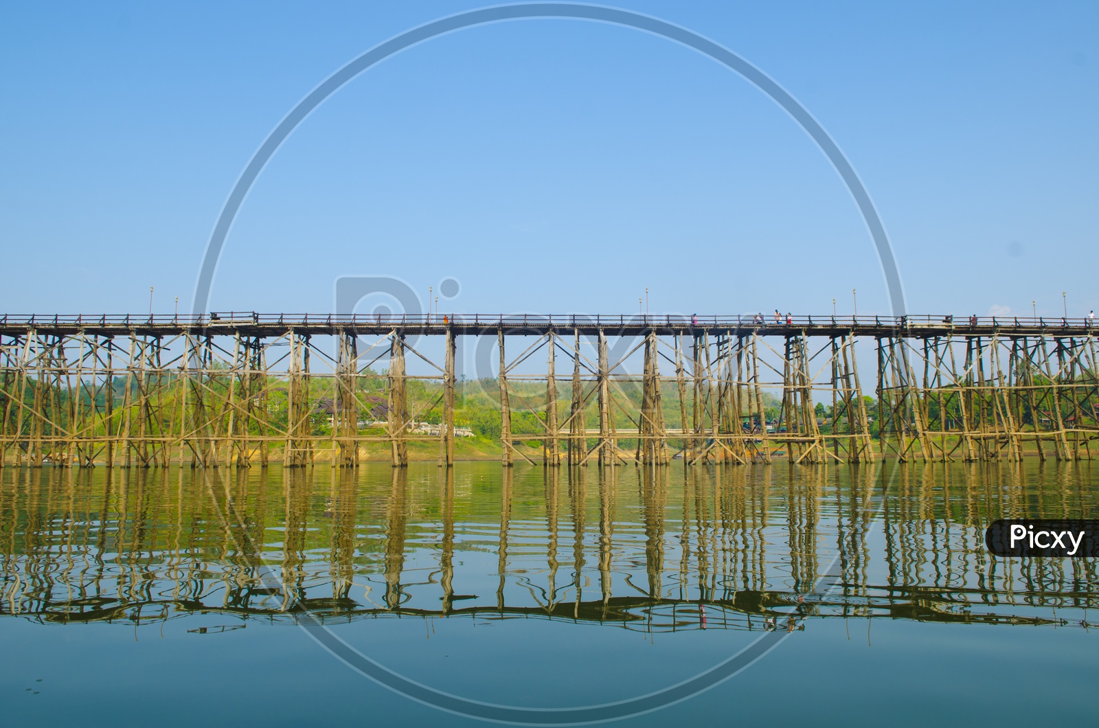 Mon Bridge or Wooden bridge In Sangkhla Buri  Over River Channel
