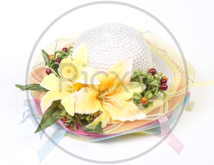 Wooden Straw Weaved Hat For Summer Decorated With Flowers