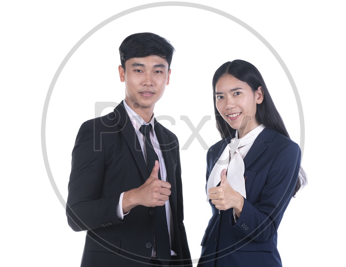 happy successful Young  business team With Thumb's Up Gesture On Isolated White