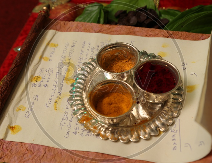 Kumkum Powder and Turmeric in a silver plate