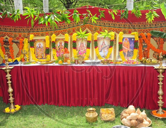 Indian Hindu God Photos decorated with Garlands