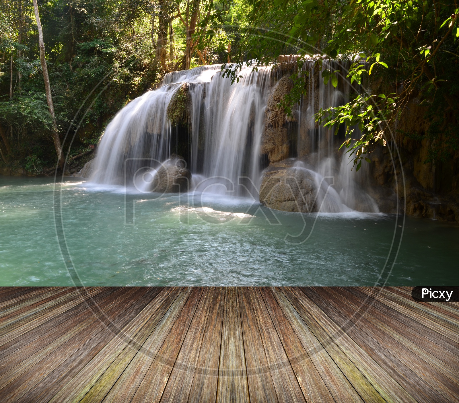 Water Falls in tropical Forest With Wooden Platform