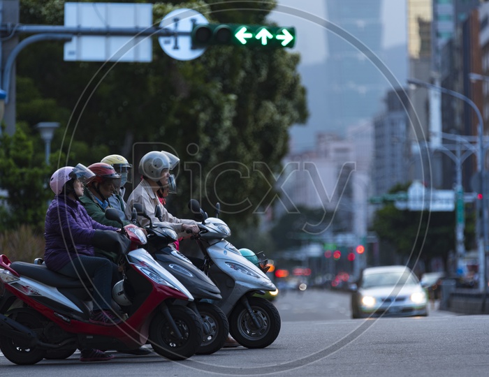 Mopeds Bikes  at Traffic Signal In Taipei City