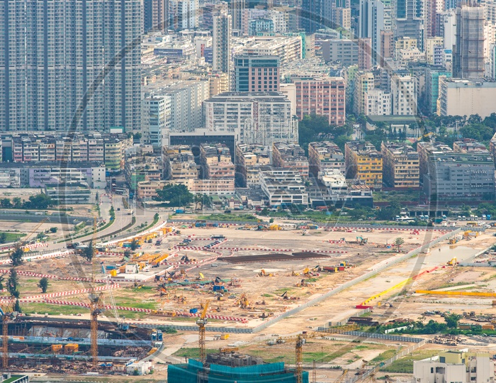 Hong Kong cityscape With sky scraper buildings And Construction Sites